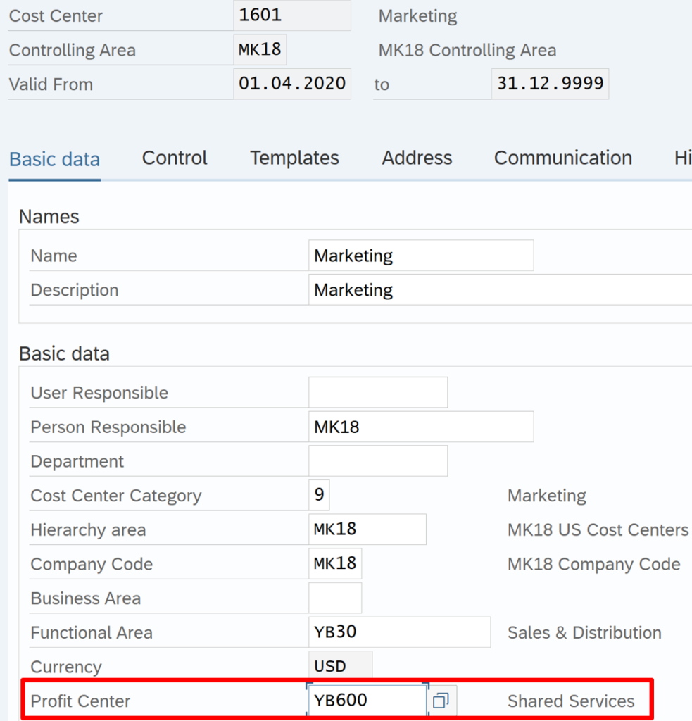 business area and profit center assignment in sap